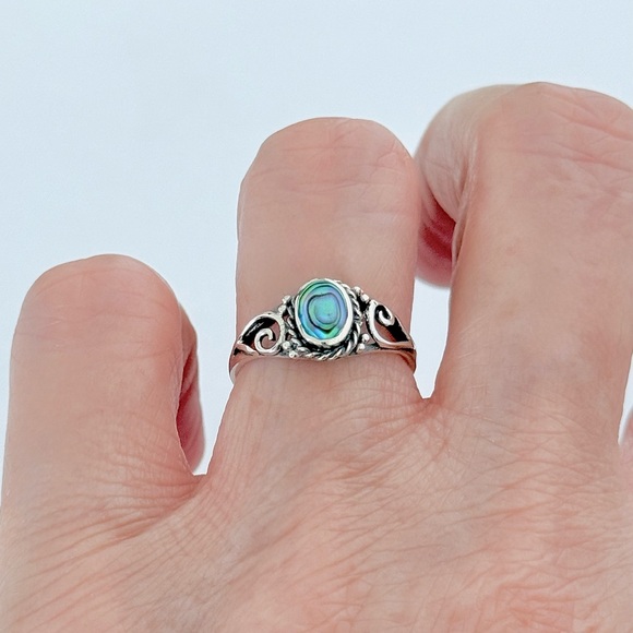 Sterling Silver Abalone Oval Ring with Swirls, Seashell Jewelry, Stone Shells - Picture 9 of 12